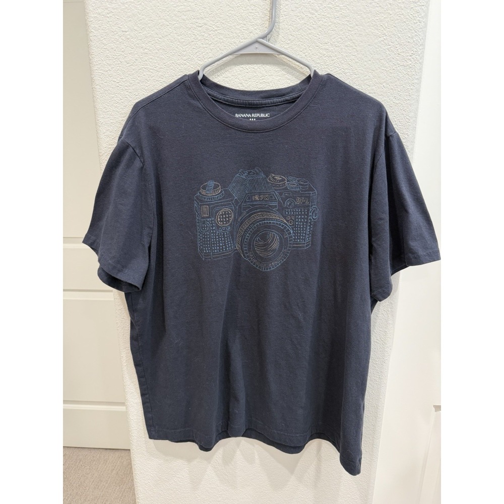 Mens Banana Republic T-Shirt XL Navy Blue Crew Neck 'Camera Drawing' Cotton